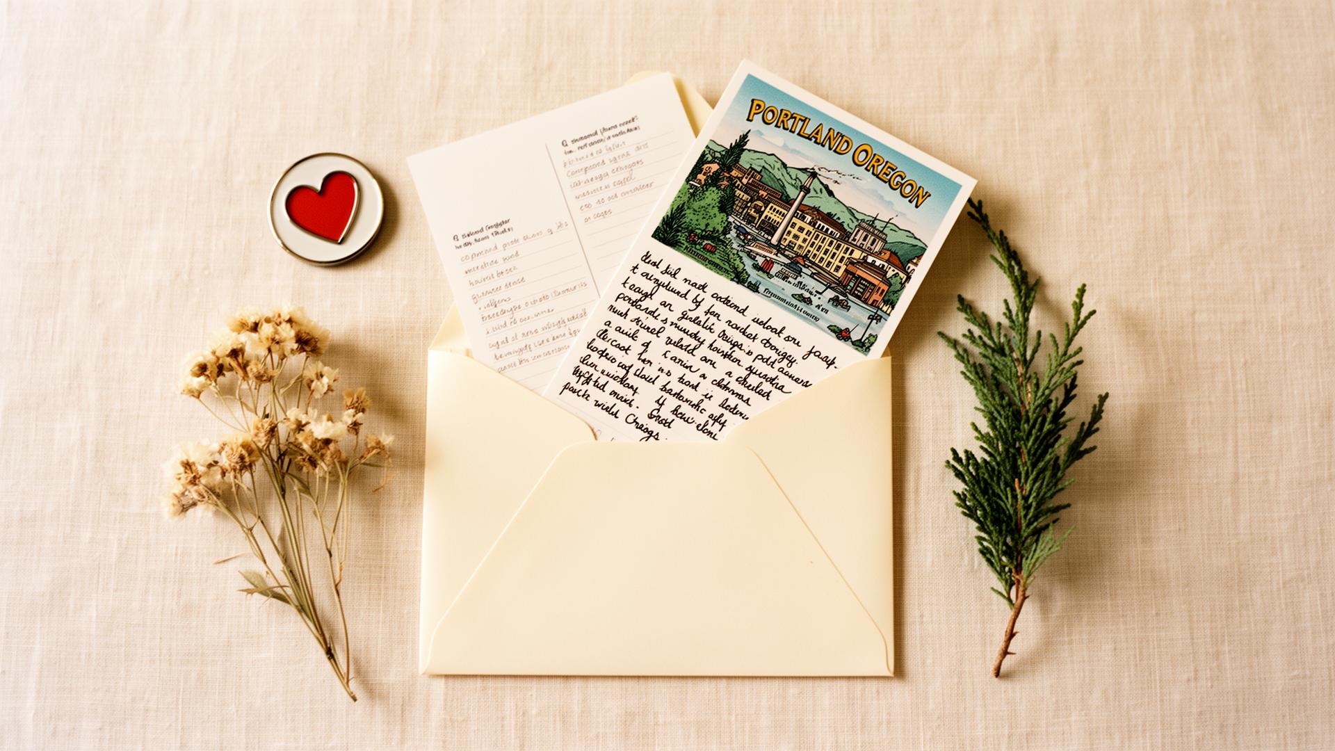 An open envelope with a Portland postcard, sticker, and recipe spilling out